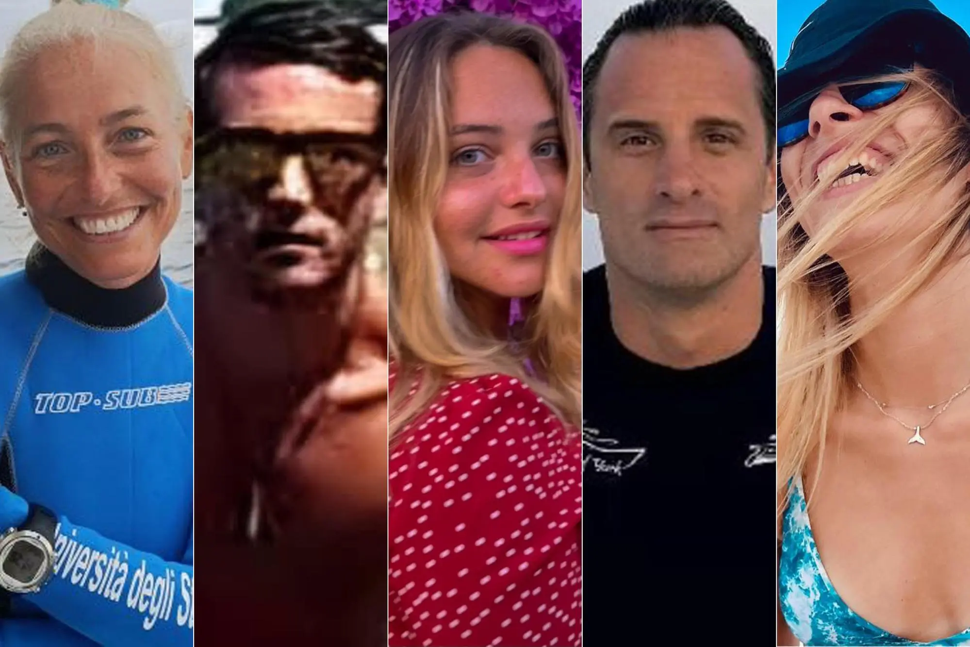 Da sinistra Monica Montefalcone, Federico Gualtieri, Giorgia Sommacal, Gianluca Benedetti e Muriel Oddenino, scomparsi in un'immersione alle Maldive (foto Ansa)