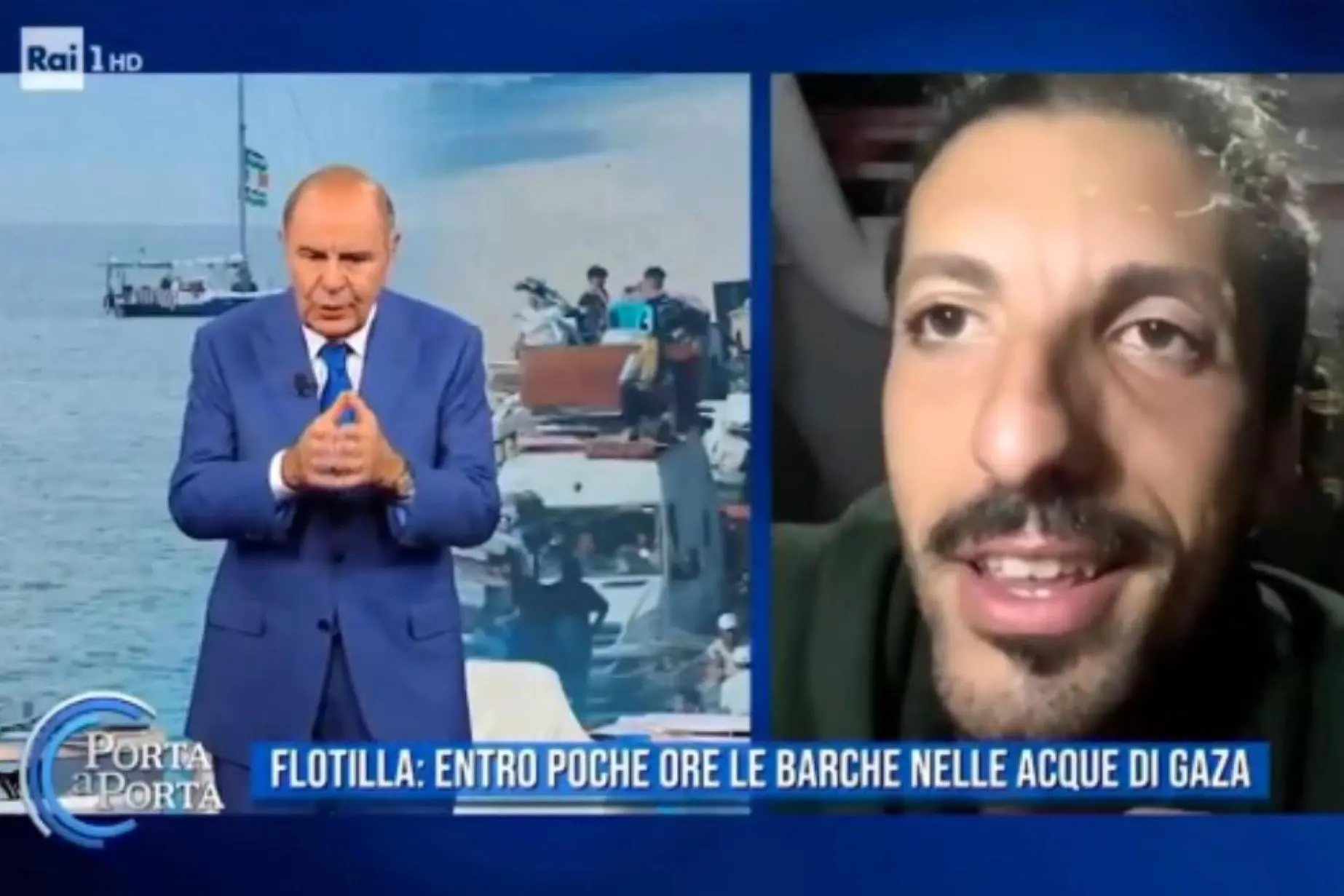 E' polemica sui social e non solo per il botta e risposta avvenuto ieri sera a Porta a Porta su Rai1 tra il conduttore Bruno Vespa e uno degli attivisti della Global Sumud Flotilla, Tony La Piccirella. FERMO IMMAGINE RAI +++ ATTENZIONE LA FOTO NON PUO' ESSERE PUBBLICATA O RIPRODOTTA SENZA L'AUTORIZZAZIONE DELLA FONTE DI ORIGINE CUI SI RINVIA+++ NPK +++