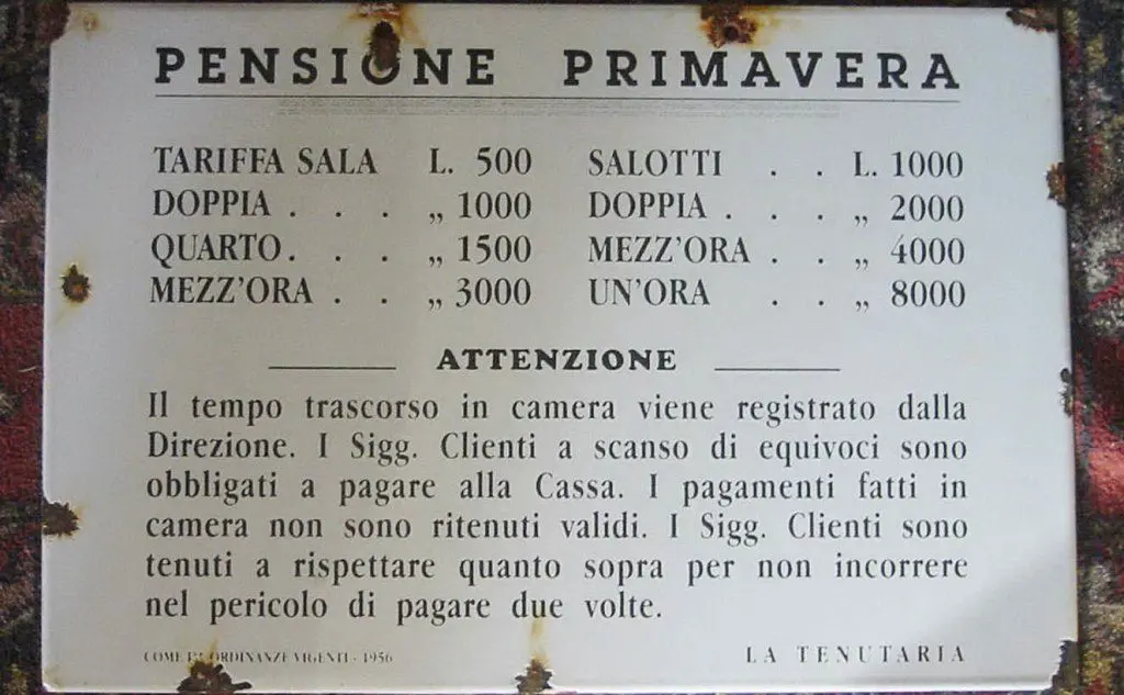 Un tariffario di una casa di appuntamento esposto nel museo &quot; Domenico Agostinelli &quot; di Dragona, Roma (Ansa)