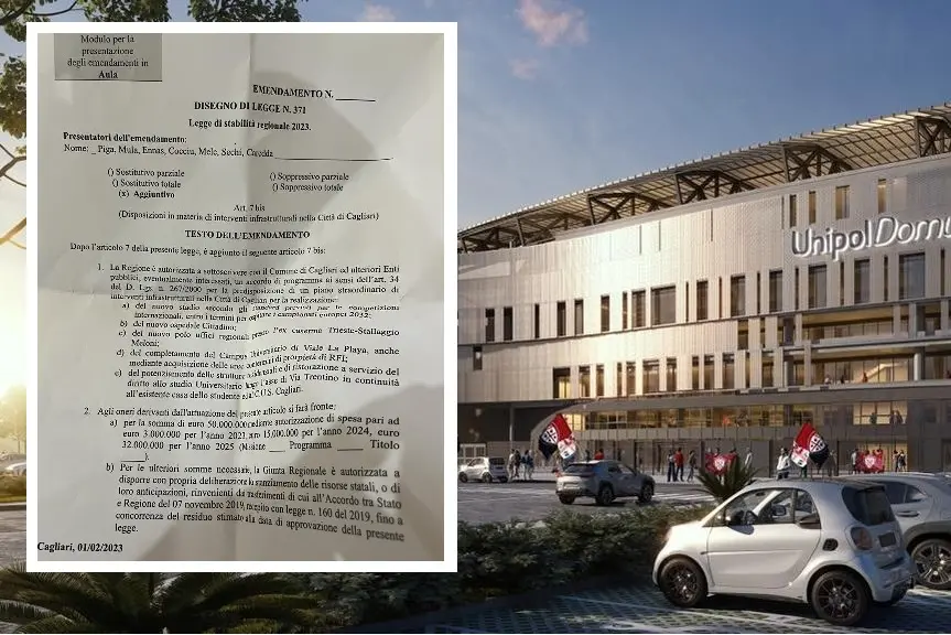 Il nuovo stadio e, nel riquadro, il testo dell'emendamento contestato (L'Unione Sarda)