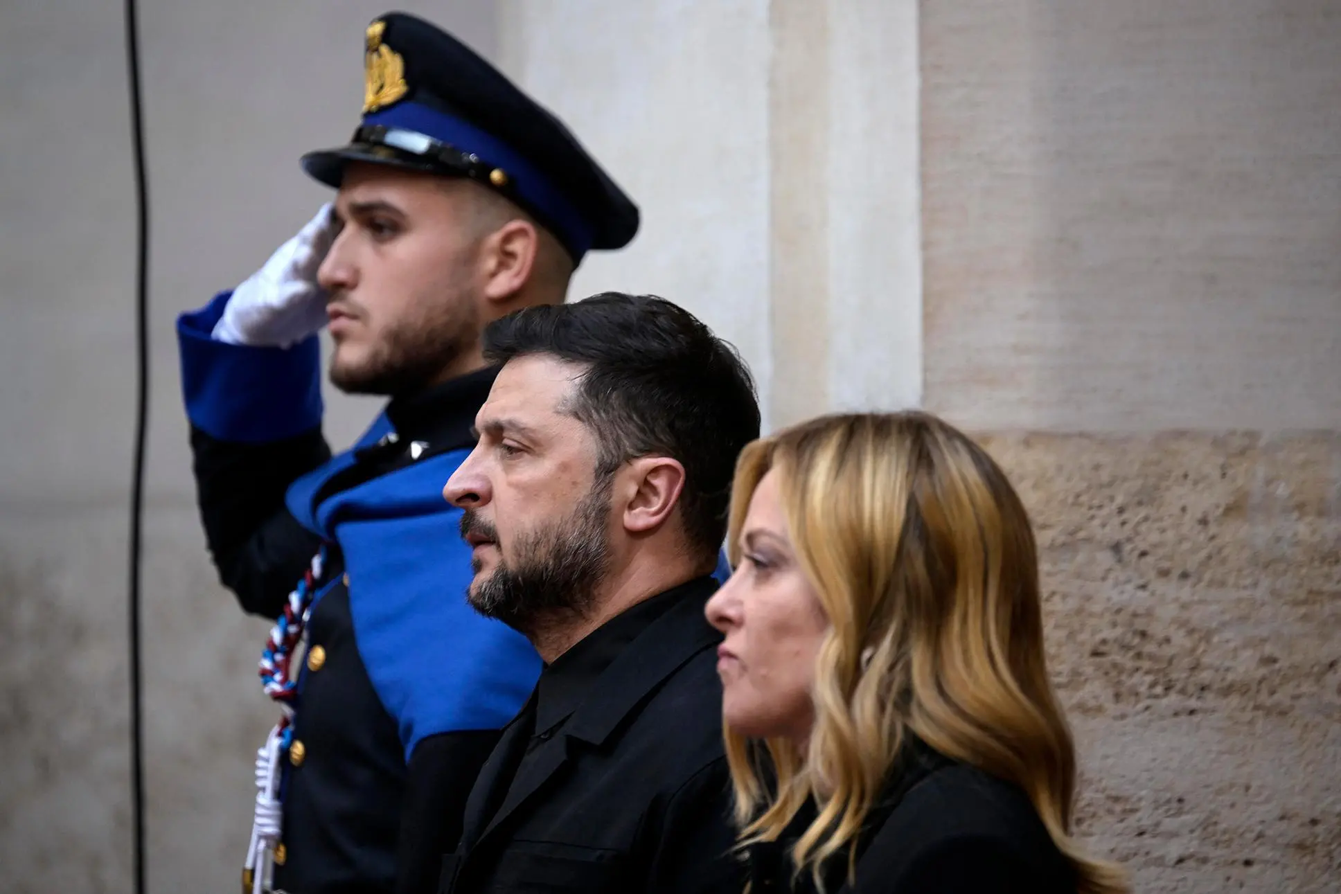 Italian Prime Minister, Giorgia Meloni (R), and President of Ukraine, Volodymyr Zelenski (L), during their meeting at Palazzo Chigi, Rome, Italy, 09 December 2025. ANSA/RICCARDO ANTIMIANI