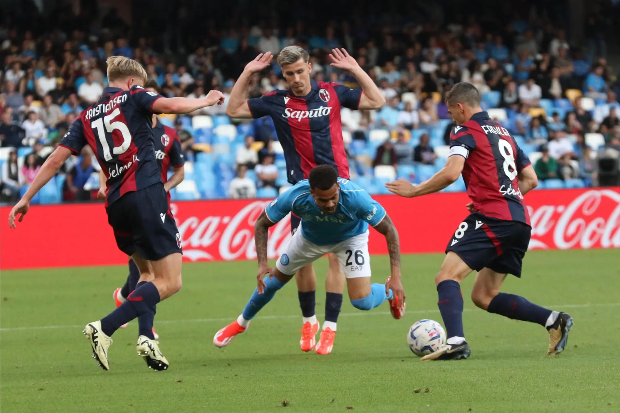 Napoli’s forward Cyril Ngonge (C) in action during the Italian Serie A soccer match between SSC Napoli and Bologna FC at ' Diego Armando Maradona' stadium in Naples , Italy, 11 May 2024. ANSA/CESARE ABBATE
