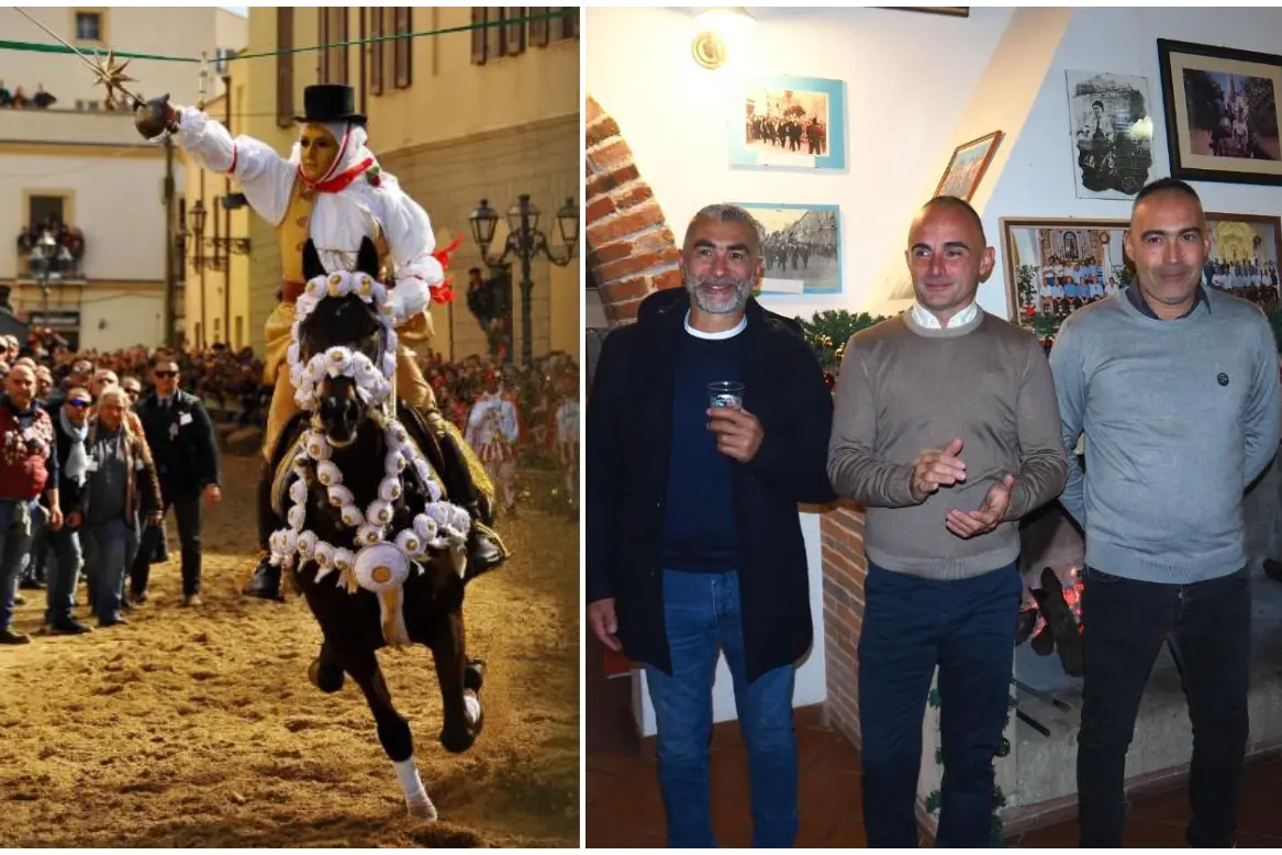 Nella foto a destra il Capocorsa Daniele Mattu (al centro). A sinistra un Componidori dei Contadini di alcuni anni fa (L'Unione Sarda)