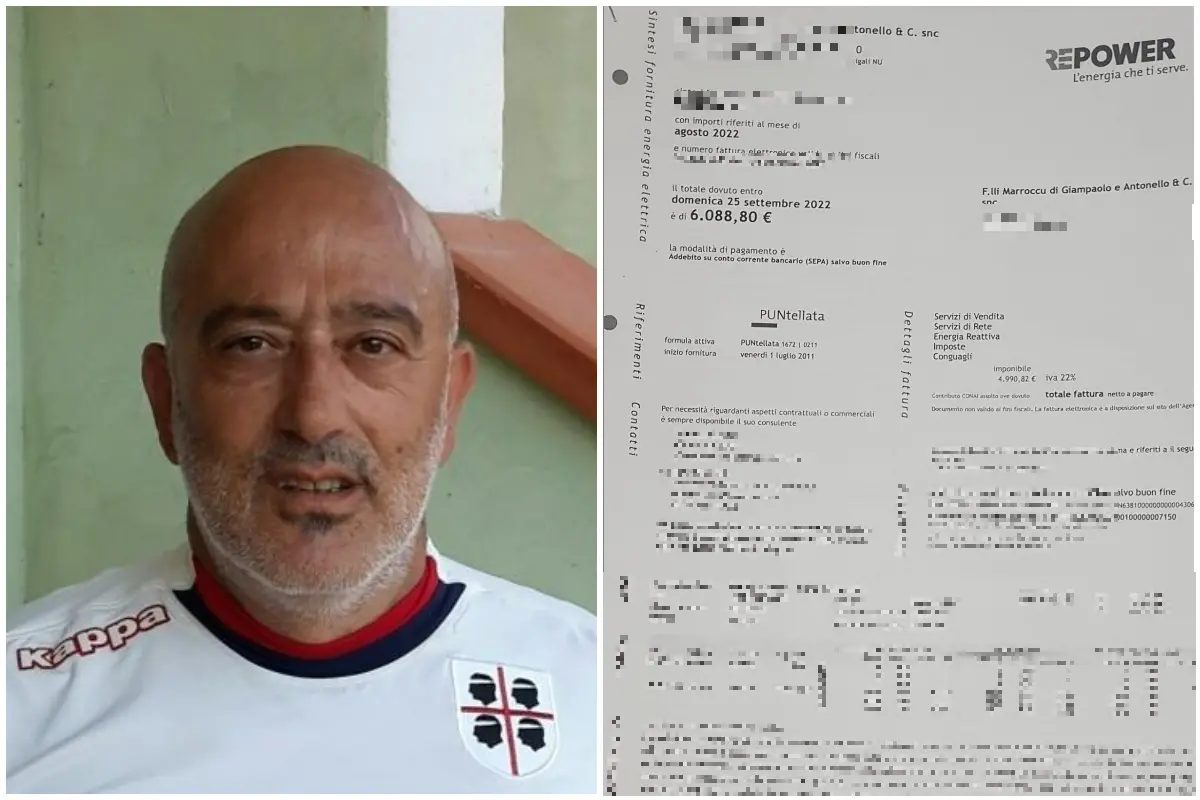 Il sindaco Caggiari e, a destra, la bolletta (foto Ansa/Facebook)
