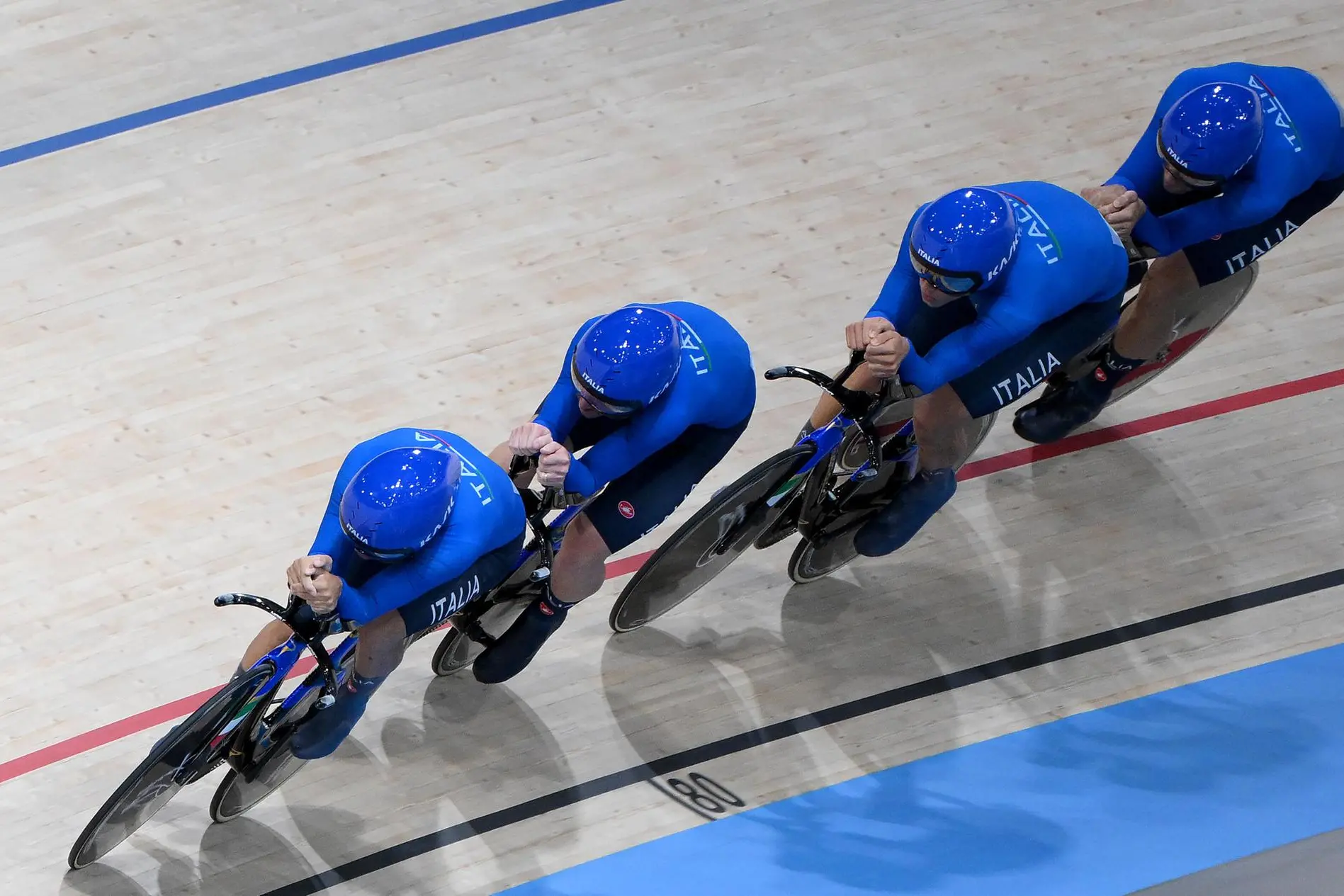 Simone Consonni, Filippo Ganna, Francesco Lamon and Jonathan Milan of Italy in action during the Men's Team Pursuit bronze medal final of the Cycling Track competitions in the Paris 2024 Olympic Games, at Saint-Quentin-en-Yvelines National Velodrome in Saint-Quentin-en-Yvelines, France, 07 August 2024. ANSA/ETTORE FERRARI