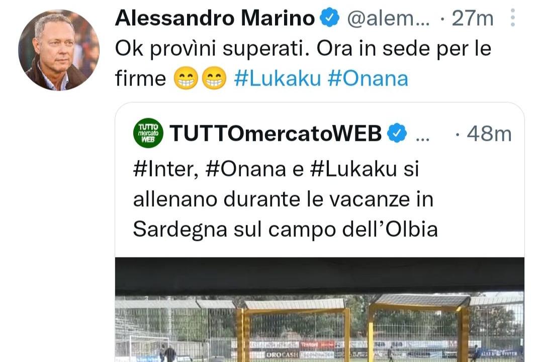 Il tweet ironico di Alessandro Marino su Romelu Lukaku (fonte Twitter)