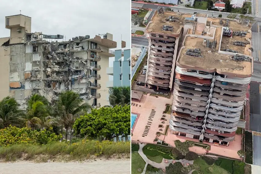 Il palazzo di Miami nel confronto tra la situazione attuale e quella prima del crollo (Ansa)