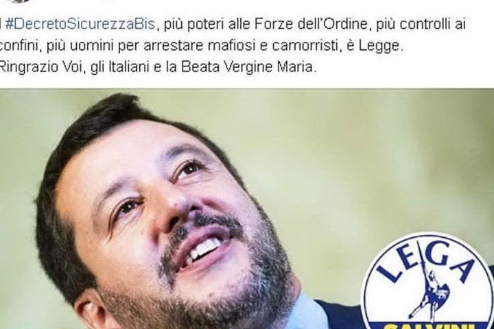 Il post di Salvini sul decreto sicurezza bis (foto Facebook)