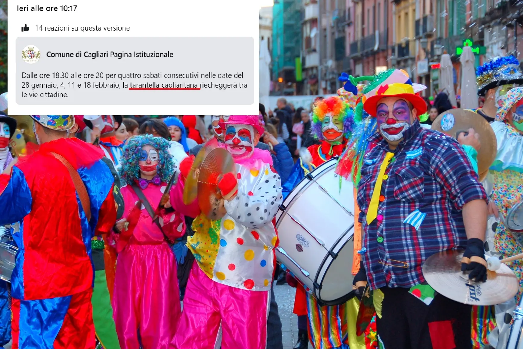 Una sfilata di Carnevale a Cagliari e, in alto, il post sbagliato del Comune (Foto: Comune di Cagliari)