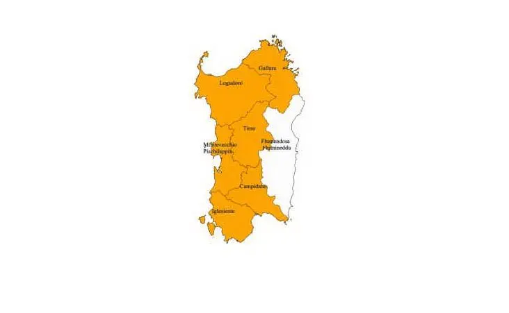 Le zone interessate dall'allerta arancione (foto Protezione civile Sardegna)