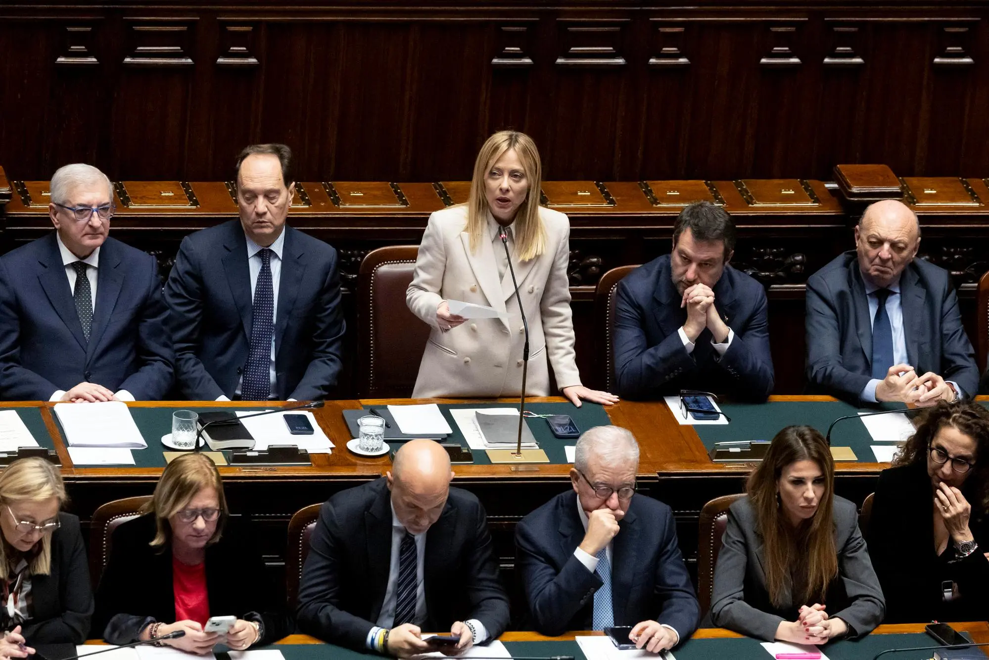 La presidente del Consiglio Giorgia Meloni alla Camera dei deputati, durante la comunicazione in vista della riunione del consiglio europeo. Roma, 17 dicembre 2025. ANSA/MASSIMO PERCOSSI