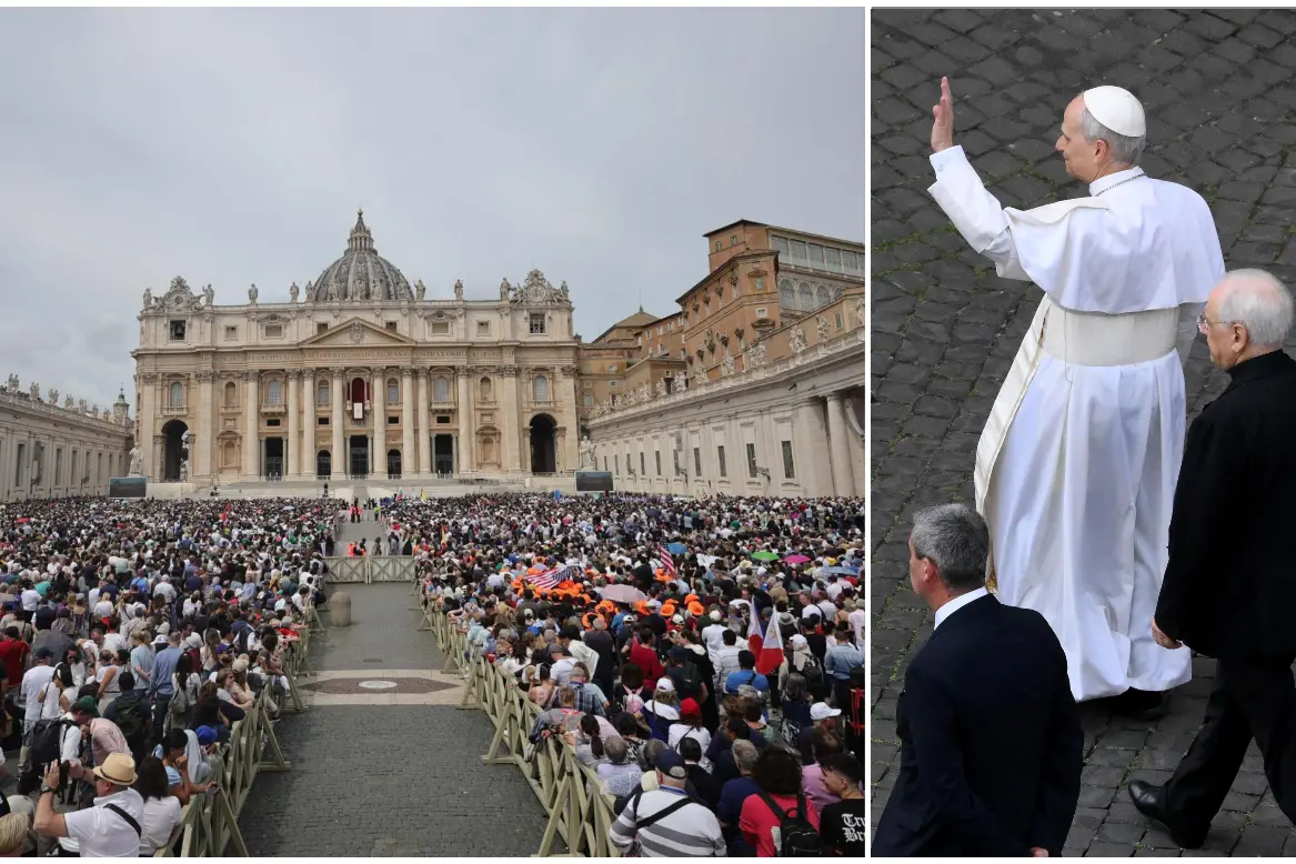 La folla in San Pietro, e il passaggio a sorpresa di Prevost (foto Ansa)