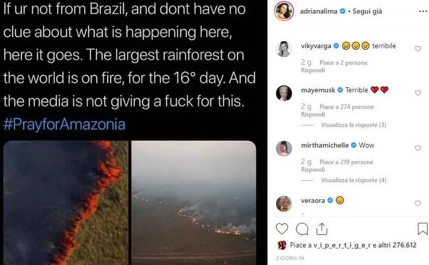 Il post della top model Adriana Lima su Instagram