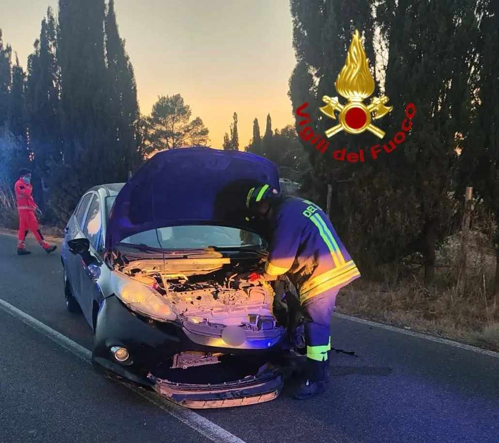 Una delle auto coinvolte nello scontro frontale sulla strada statale 291 (foto vigili del fuoco)