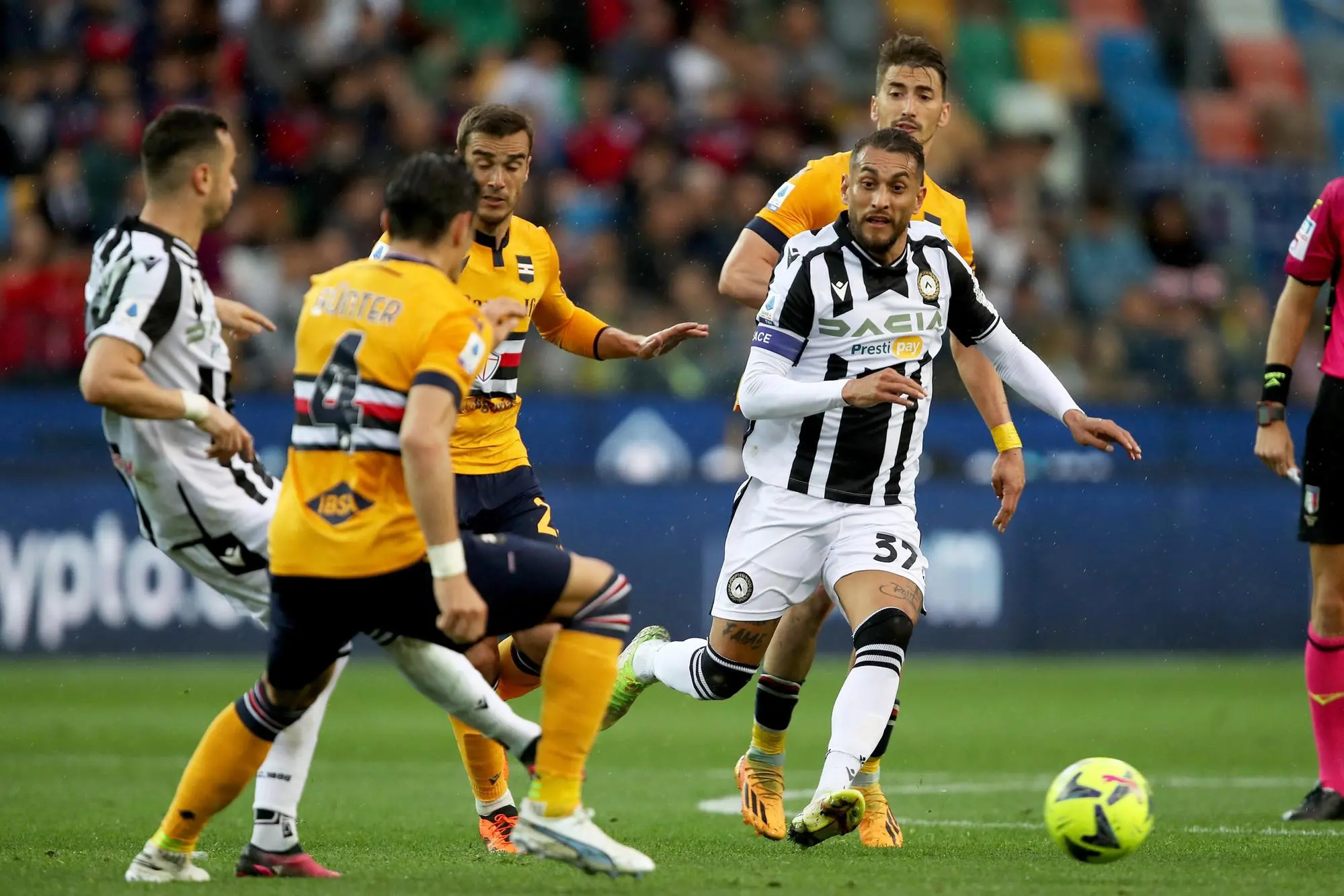 Udinese's Roberto Pereyra (R) and Sampdoria's Harry Winks in action during the Italian Serie A soccer match Udinese Calcio vs UC Sampdoria at the Friuli - Dacia Arena stadium in Udine, Italy, 8 May 2023. ANSA / GABRIELE MENIS