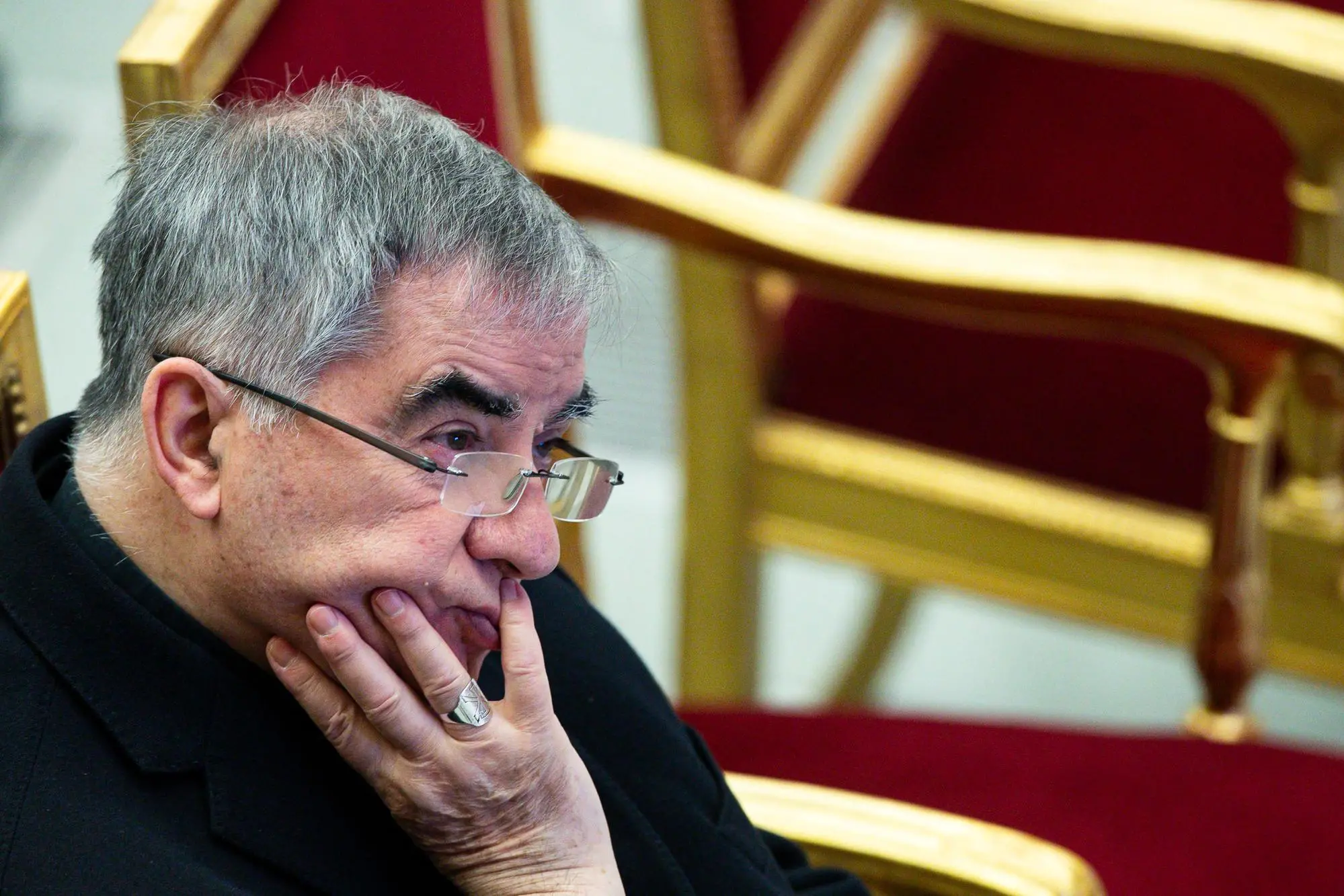 Cardinal Angelo Becciu, during the Sermon for Lent 2025 conducted by the Preacher of the Pontifical Household, Reverend Father Roberto Pasolini, on the theme "Anchored in Christ" Rooted and founded in the hope of the new Life, in the Paul VI Hall, Vatican City, 28 March 2025. ANSA/ANGELO CARCONI