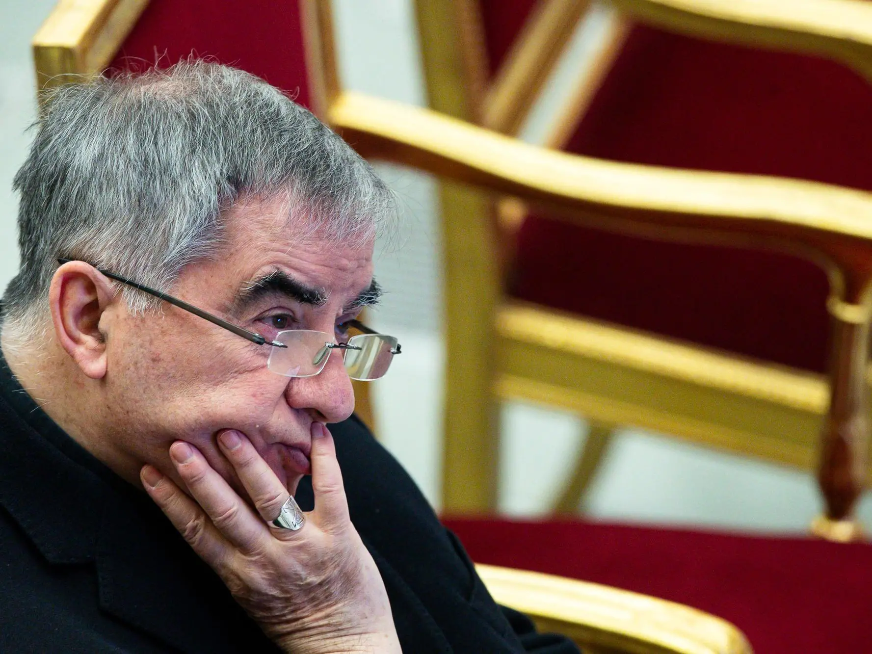 Cardinal Angelo Becciu, during the Sermon for Lent 2025 conducted by the Preacher of the Pontifical Household, Reverend Father Roberto Pasolini, on the theme "Anchored in Christ" Rooted and founded in the hope of the new Life, in the Paul VI Hall, Vatican City, 28 March 2025. ANSA/ANGELO CARCONI