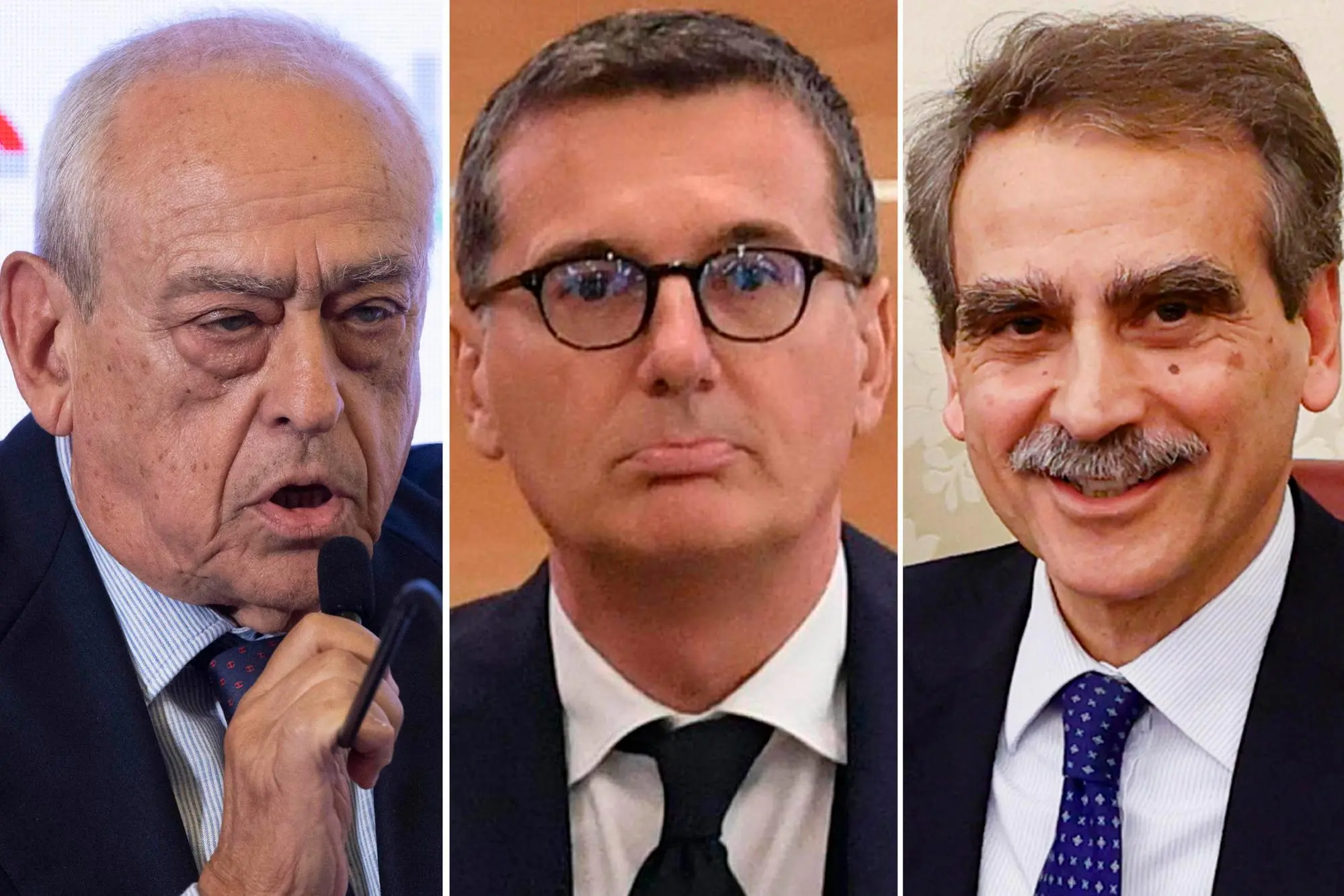 Da sinistra Francesco Gaetano Caltagirone, Francesco Milleri e Luigi Lovaglio (foto Ansa)