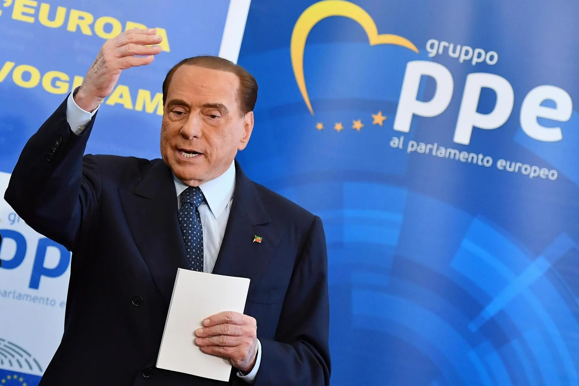 Italian 'Forza Italia' (FI) party leader and former Italian Prime Minister Silvio Berlusconi gestures as he meets Chairman of the EPP - European People's Party Group in the European Parliament, Manfred Weber (not pictured), at 'Forza Italia' (FI) party headquarter, Rome, 21 February 2018. ANSA / ETTORE FERRARI