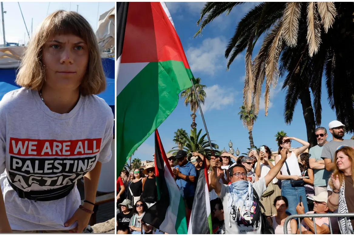 Greta Thunberg e gli attivisti raccolti a Barcellona (foto Ansa)