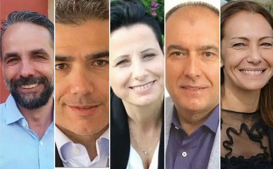 I candidati ad Assemini: da sinistra, Scano, Consalvo, Piras, Lecis e Licheri