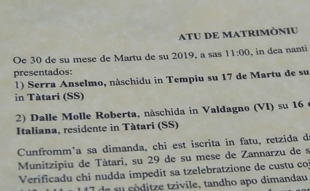 L'atto di matrimonio in sardo (foto ufficio stampa istituto Camillo Bellieni)