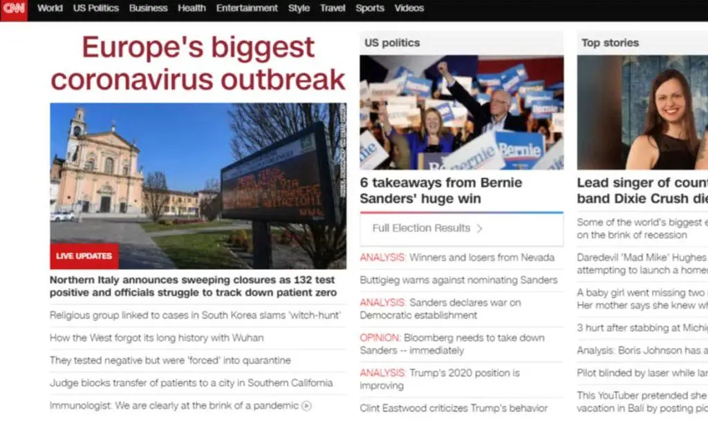 Sul sito della CNN, la notizia del più grande contagio europeo di Coronavirus supera persino le primarie democratiche