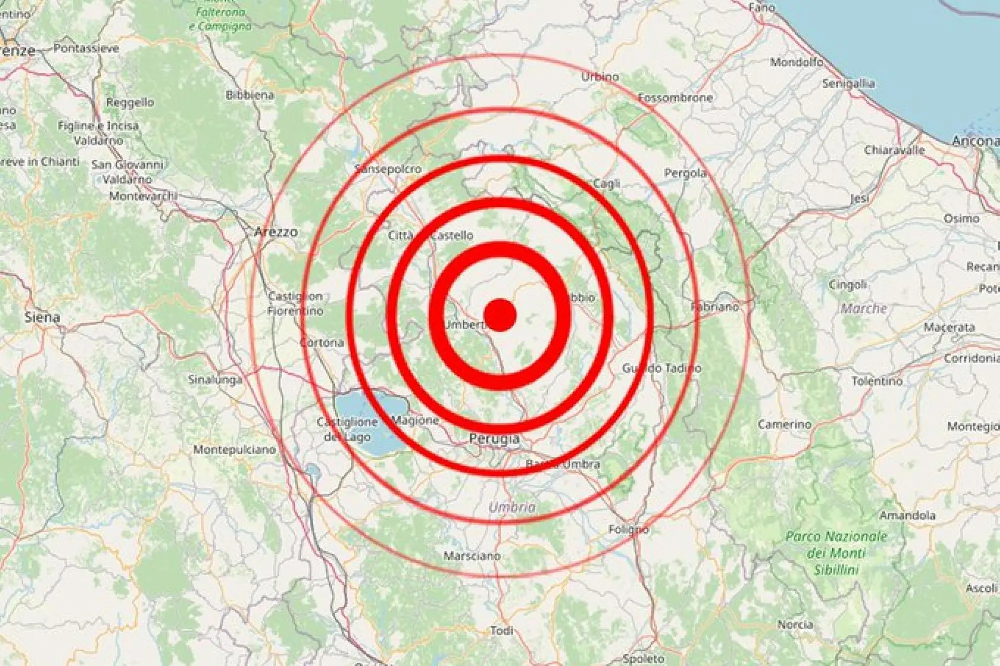 A Umbertide, vicino a Perugia, l'epicentro del terremoto in Umbria (immagine via Ansa)