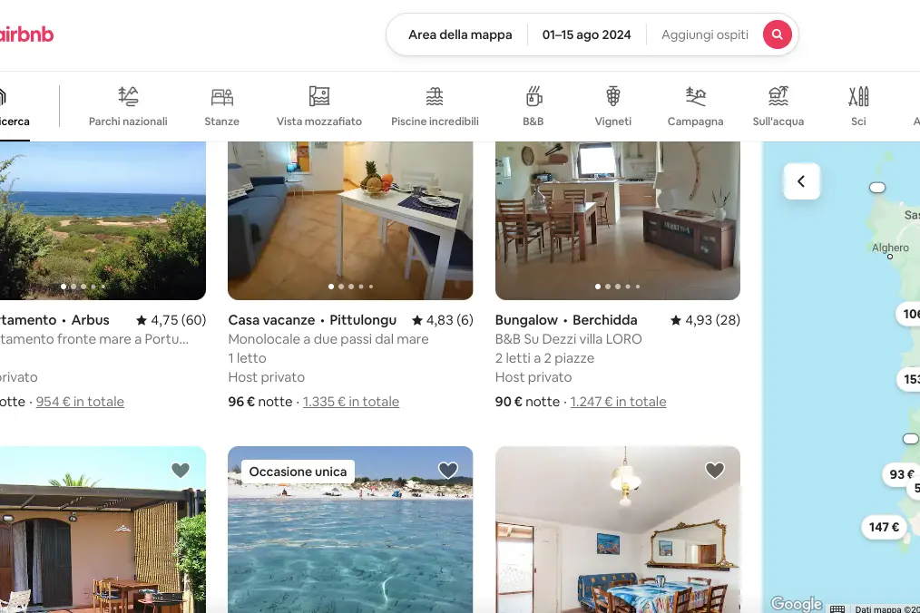 Ricerca di case in Sardegna su Airbnb