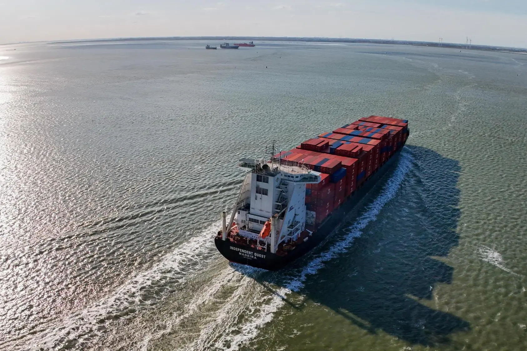 epa12821993 A view of the Independent Quest a container ship (Imo 9246700) registered in Portugal, leaving the Antwerp harbour in Hansweert, The Netherlands, 15 March 2026. The EU Commission presented EU Industrial Maritime and Port Strategies, following the closure of the Strait of Hormuz amid the escalating regional conflict leading to growing concern over global oil supplies. EPA/OLIVIER HOSLET