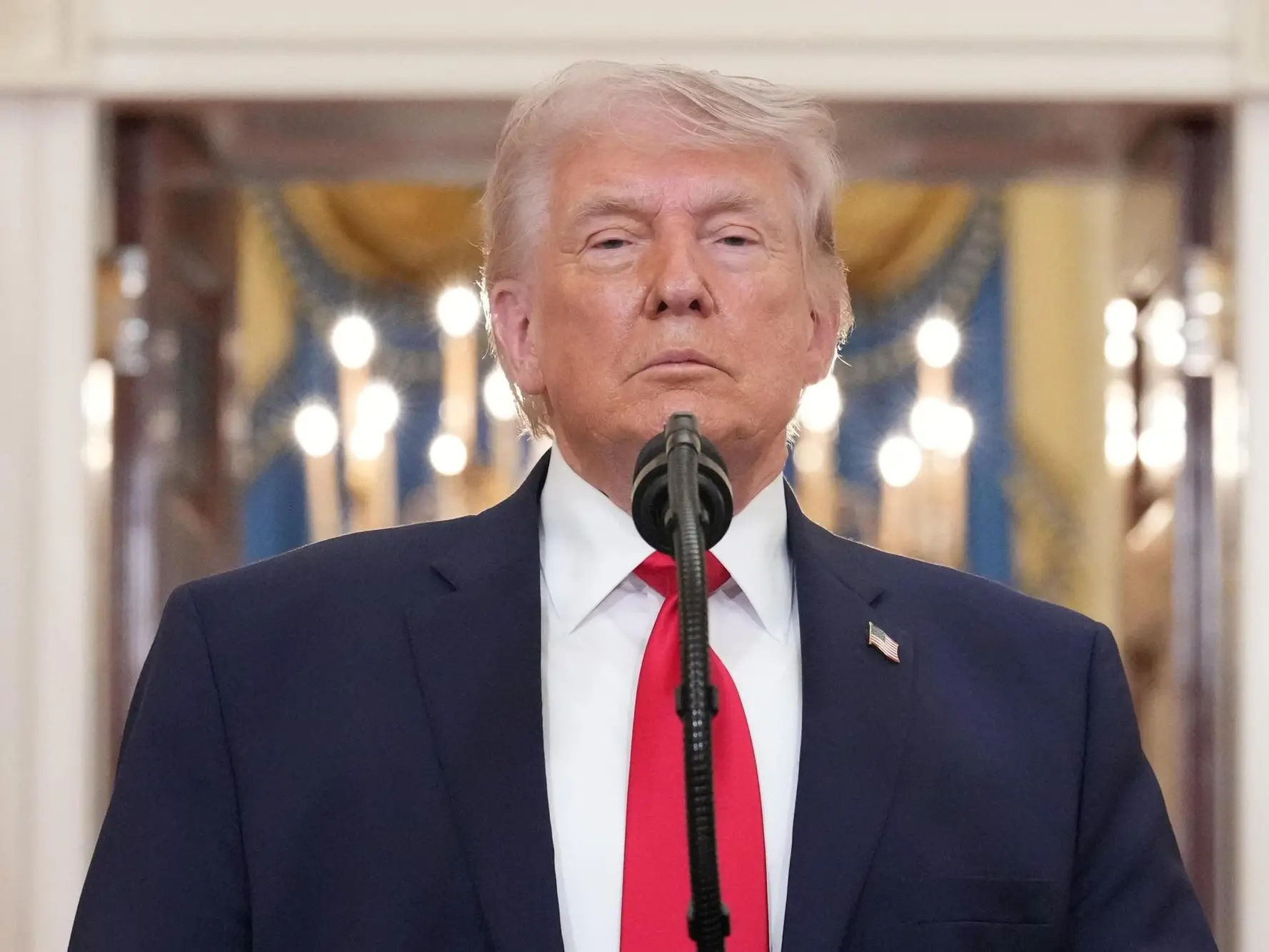 epa12865488 US President Donald J. Trump pauses as he finishes speaking about the Iran war from the Cross Hall of the White House in Washington, DC, USA, 01 April 2026. EPA/ALEX BRANDON / POOL