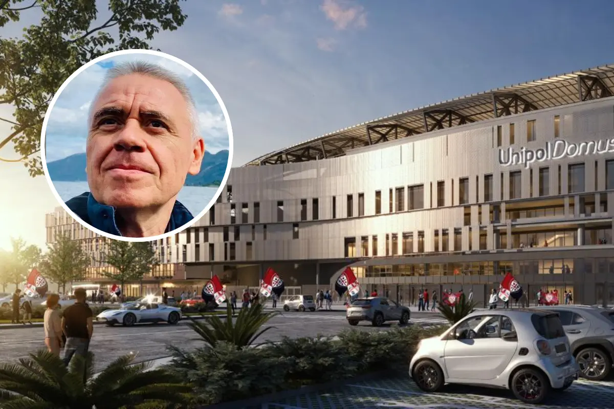 Il render del nuovo stadio e, nel riquadro, Pierluigi Mannino
