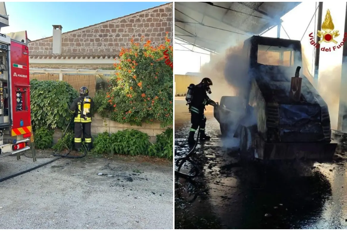 A sinistra l'incendio a Fordongianus, a destra quello a Villacidro (foto vigili del fuoco)