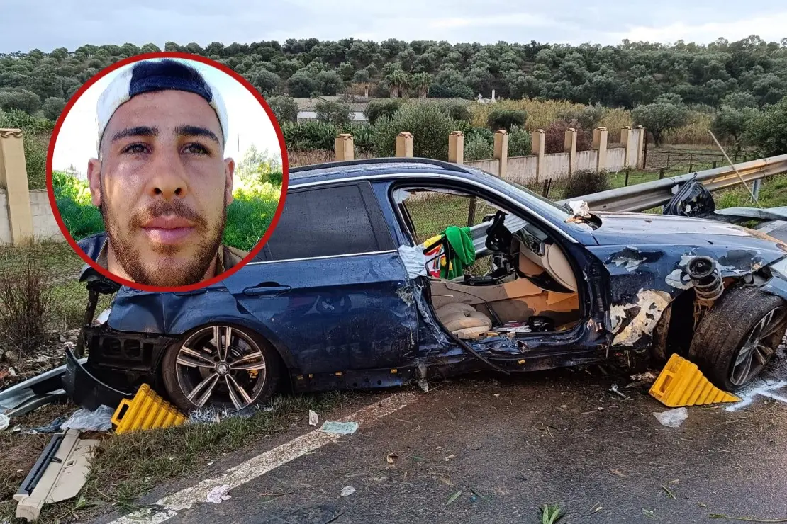 L'auto distrutta e nel tondo la vittima Daniele Picciau