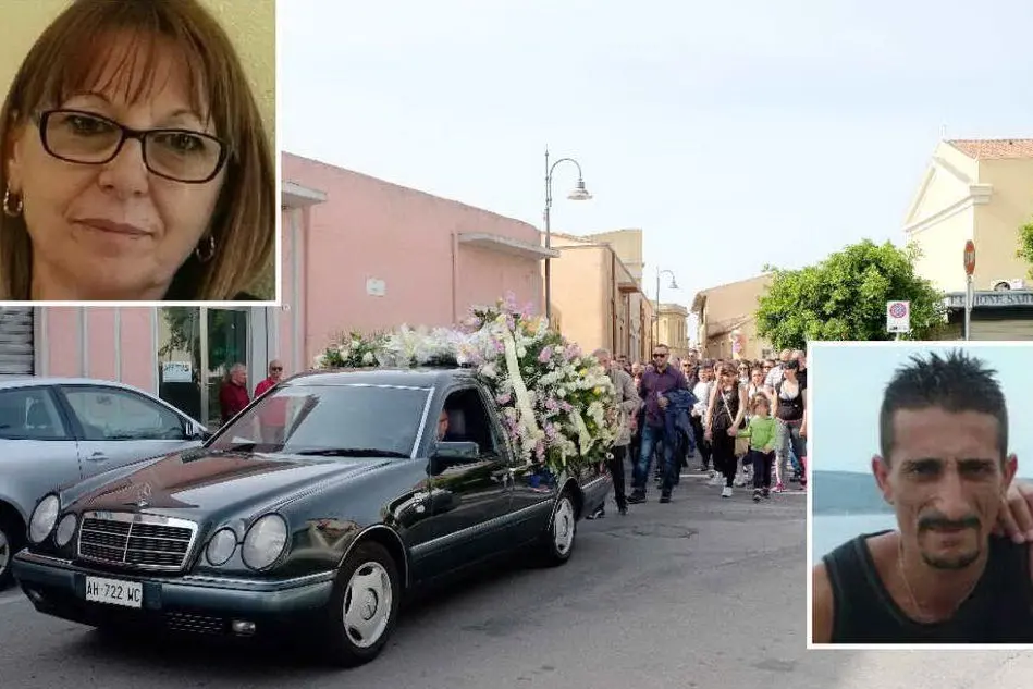 Il funerale di Maria Bonaria Contu (in alto a sinistra); in basso a destra Ignazio Frailis, l'uomo sotto processo