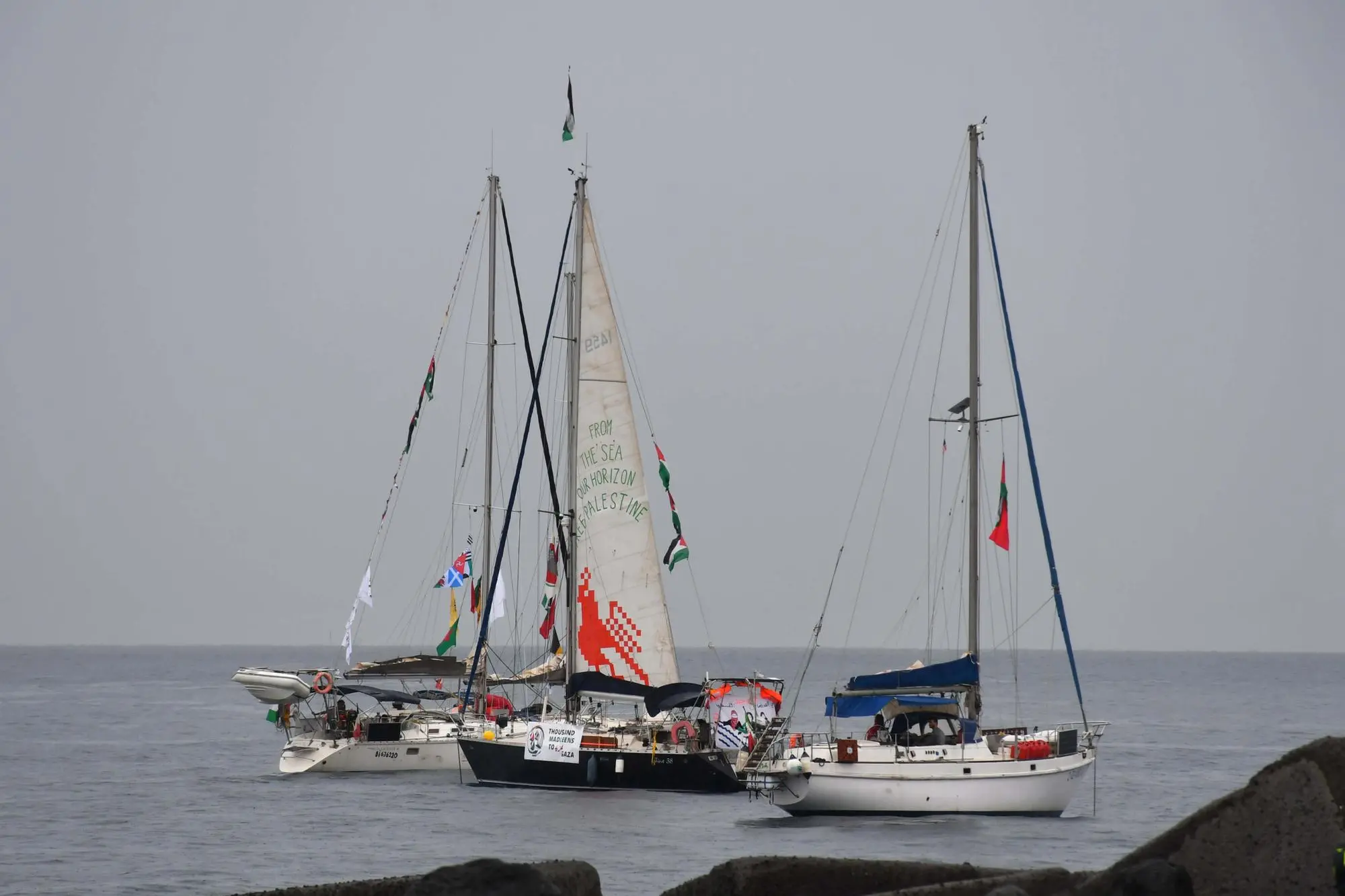 Some members of Global Sumud Flotilla about to leave from the port of San Giovanni Li Cuti in Catania headed to Gaza, 25 September 2025. ANSA/ORIETTA SCARDINO