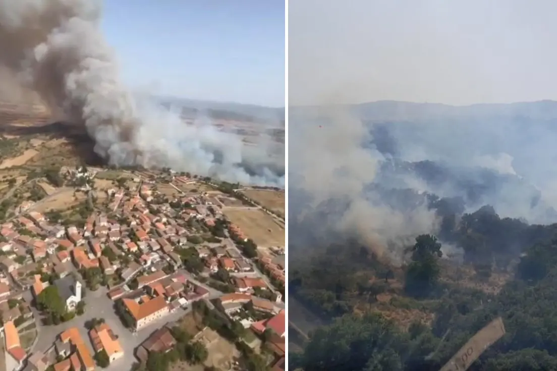 A sinistra l'incendio a Noragugume, a destra la situazione a Santu Lussurgiu