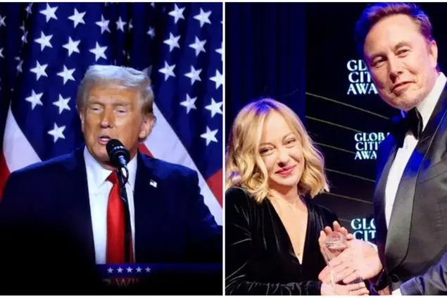 A sinistra Trump, a destra Meloni e Elon Musk (foto Ansa)