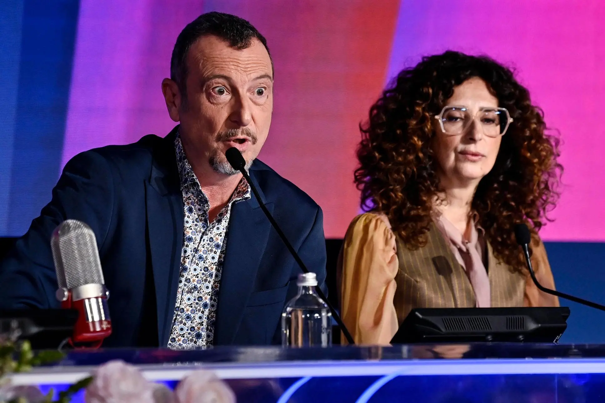 Sanremo Festival host and artistic director Amadeus (L) and Sanremo Festival co-host and Italian actress Teresa Mannino (R) during a press conference at the 74th Sanremo Italian Song Festival, Sanremo, Italy, 08 February 2024. The festival runs from 06 to 10 February 2024. ANSA/RICCARDO ANTIMIANI