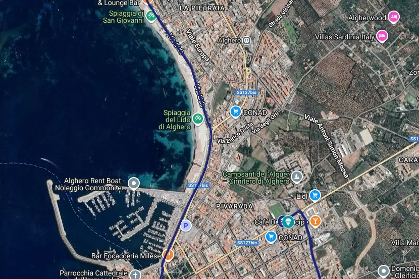 Mappa di Alghero con il percorso della Fiamma Olimpica