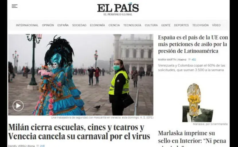 &quot;Milano chiude scuole, cinema e treatri e Venezia cancella il suo Carnevale per il virus&quot;: l'apertura del quotidiano spagnolo El Paìs
