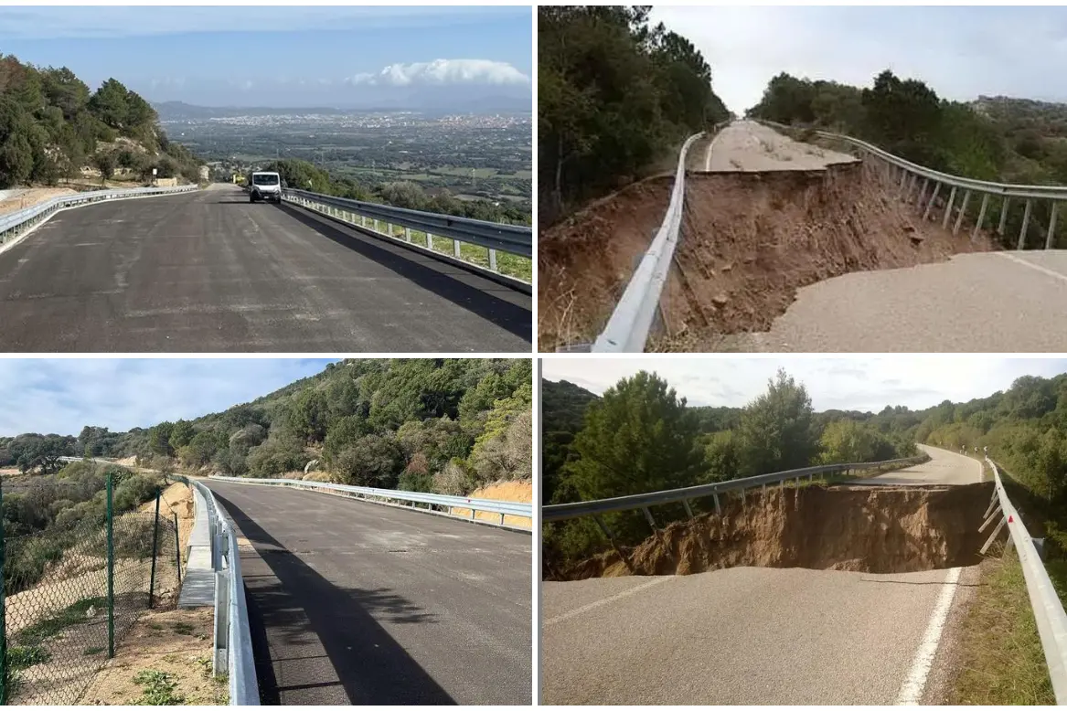 A sinistra la strada ultimata dopo i lavori, a destra come era subito dopo il crollo