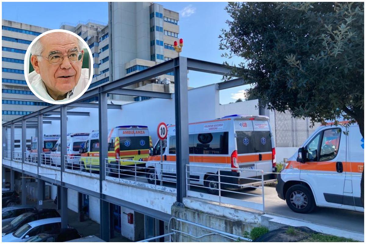 Ambulanze in fila all'ospedale Brotzu di Cagliari e, nel riquadro, Ferdinando Coghe (L'Unione Sarda)