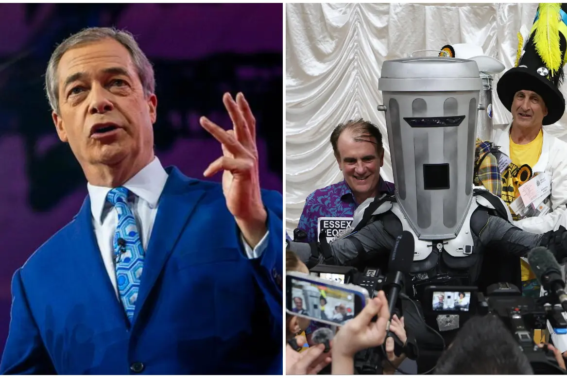 Nigel Farage e il suo sfidante satirico, "Count Binface" (Ansa)