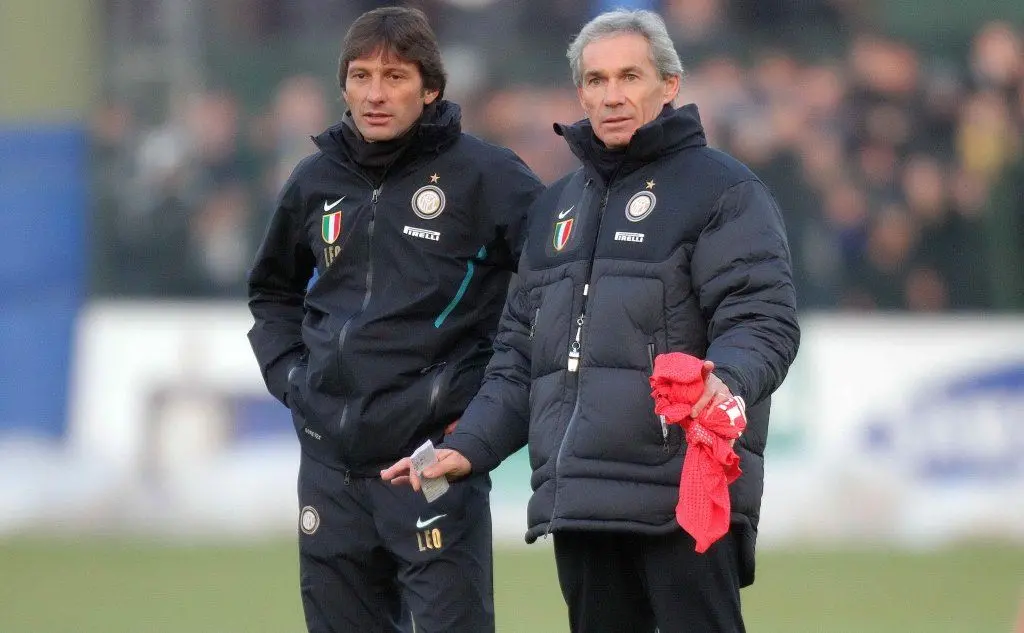 Beppe Baresi e Leonardo, allenatore e vice dell'Inter nella stagione 2010-2011 (foto Ansa)