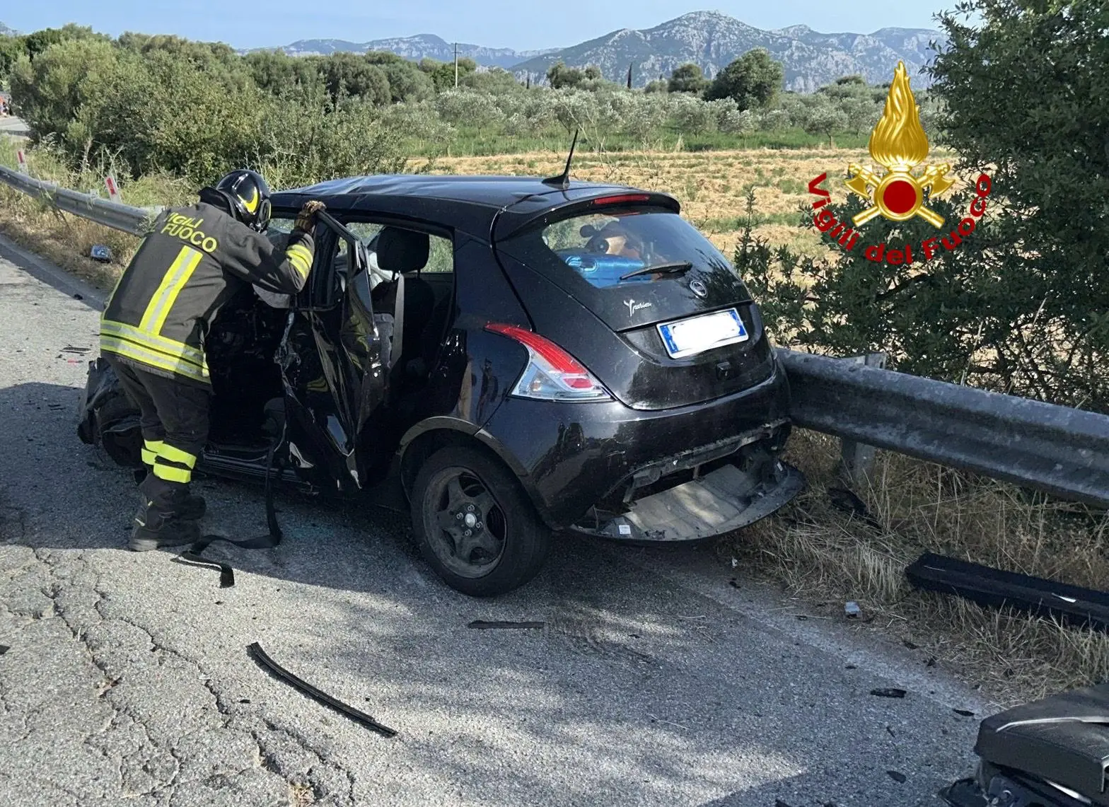 L'auto distrutta dopo l'incidente mortale sulla Sp 38 (foto vigili del fuoco)
