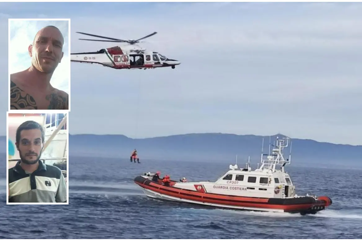 I mezzi di soccorso e i due sub: in basso Giovannino Pinna, ritrovato vivo. In alto Davide Calvia, ancora disperso
