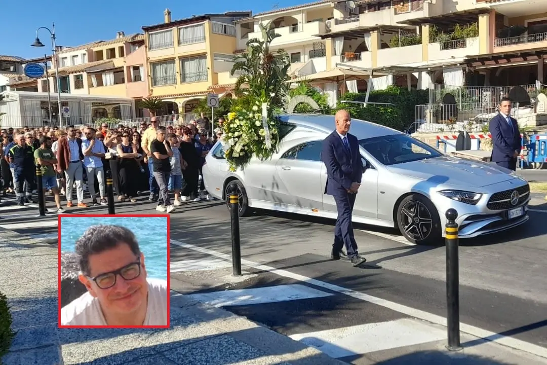 Il corteo dietro il carro funebre (foto Serreli) e, nel riquadro, Luca Rivera