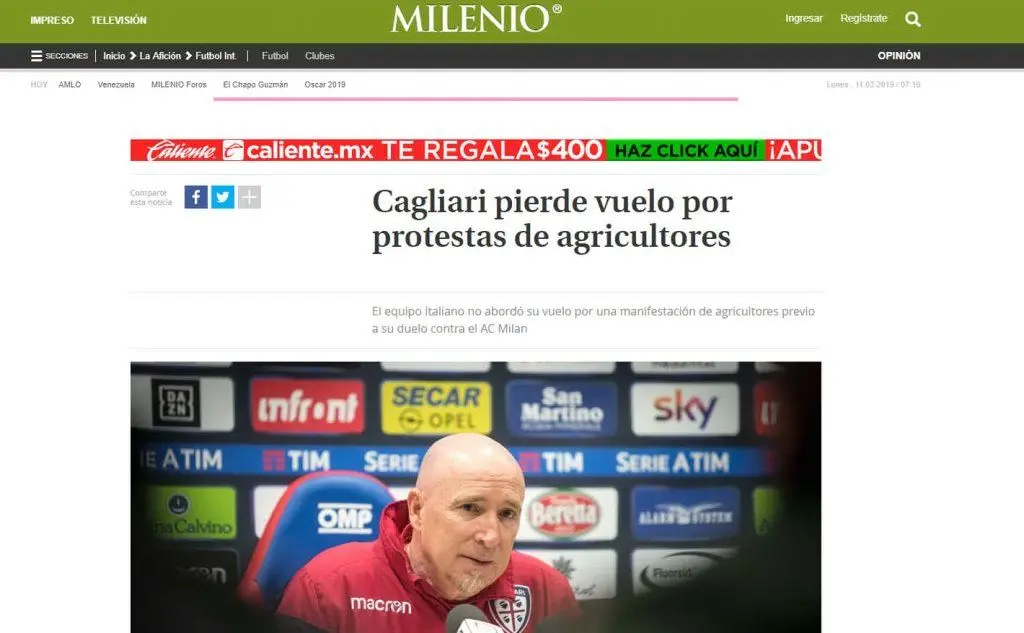 Stando a Milenio.com &quot;Il Cagliari perde il volo per protesta&quot;