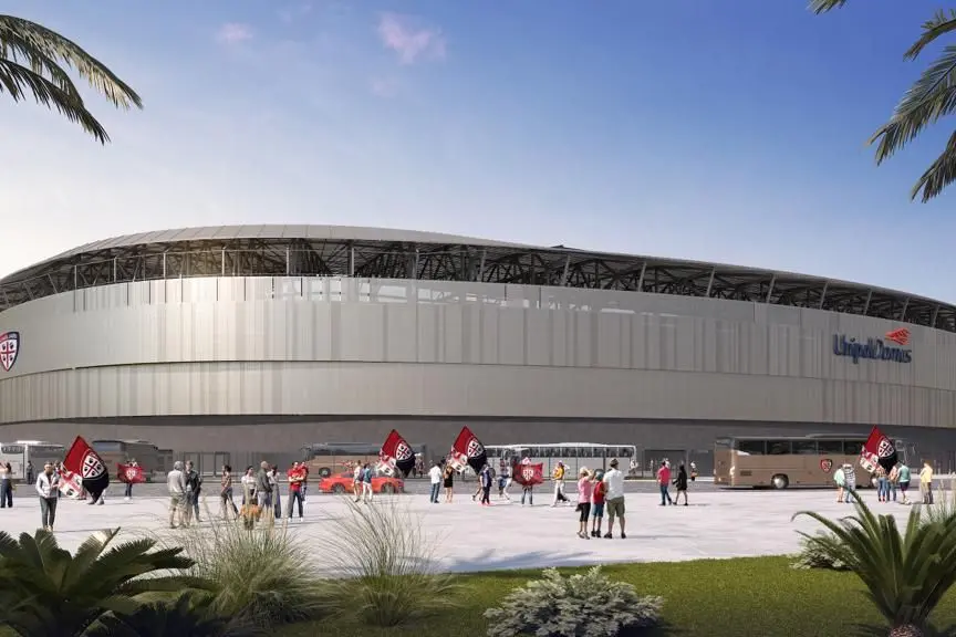 Il rendering del nuovo stadio (foto Cagliari Calcio)